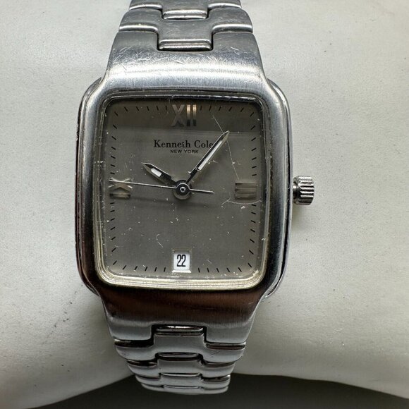 3/$30 Kenneth Cole Watch Women Silver Tone Grey Dial Date Square New  6.25" - Picture 1 of 10